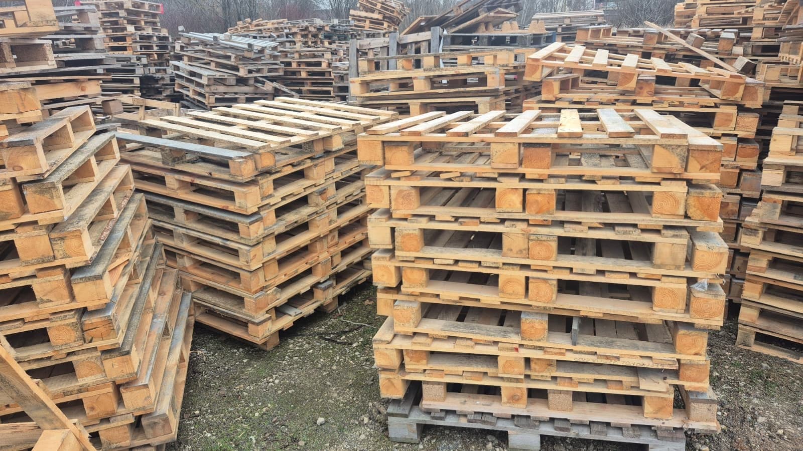Poškodené drevené palety pripravené na triedenie